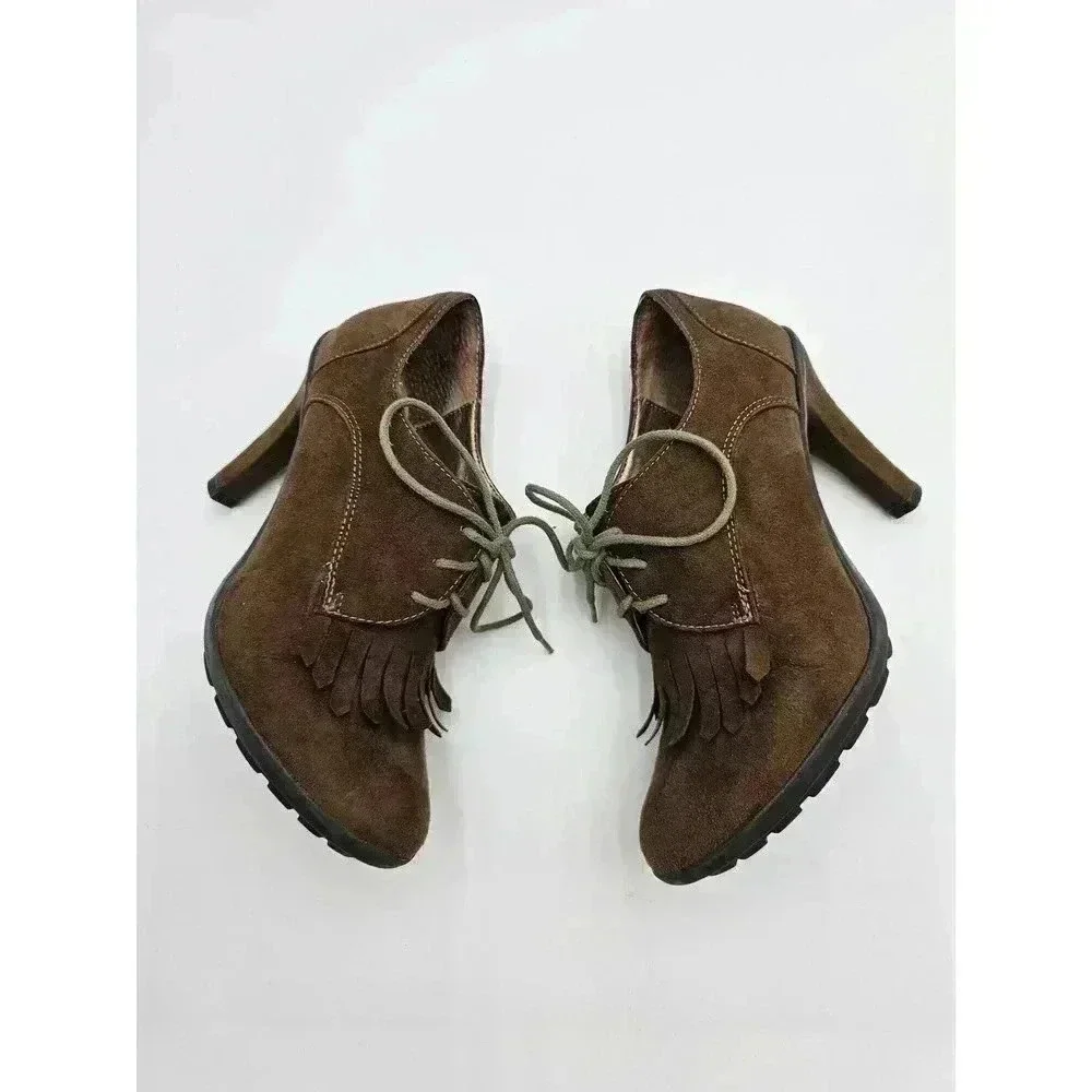 Y2K Tahari Women's Size 6 Temple Brown Oxford Lace-up Fringe Heel Booties